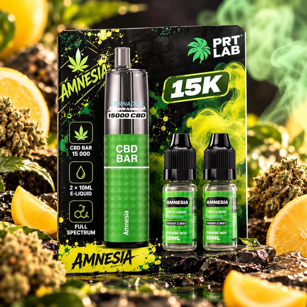 Puff CBD White Rabbit Tornado X 15K CBD Bar – Amnesia (kit + 2 × 10 ml)